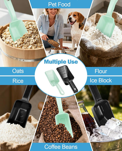 2-Pack Dog Food Scoop Set,1 Cup and 2 Cup Plastic Pet Food Measuring Scoops with Clear Measurement Lines,Multi-Purpose Pet Food Scooper for Dogs, Cats (Blue and Black)