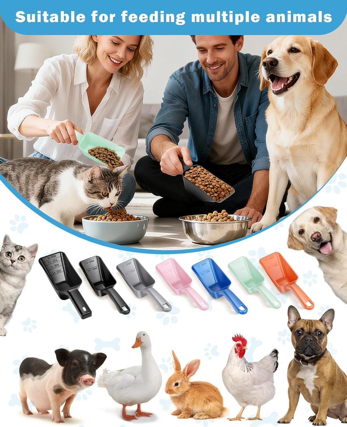 2-Pack Dog Food Scoop Set,1 Cup and 2 Cup Plastic Pet Food Measuring Scoops with Clear Measurement Lines,Multi-Purpose Pet Food Scooper for Dogs, Cats (Blue and Black)