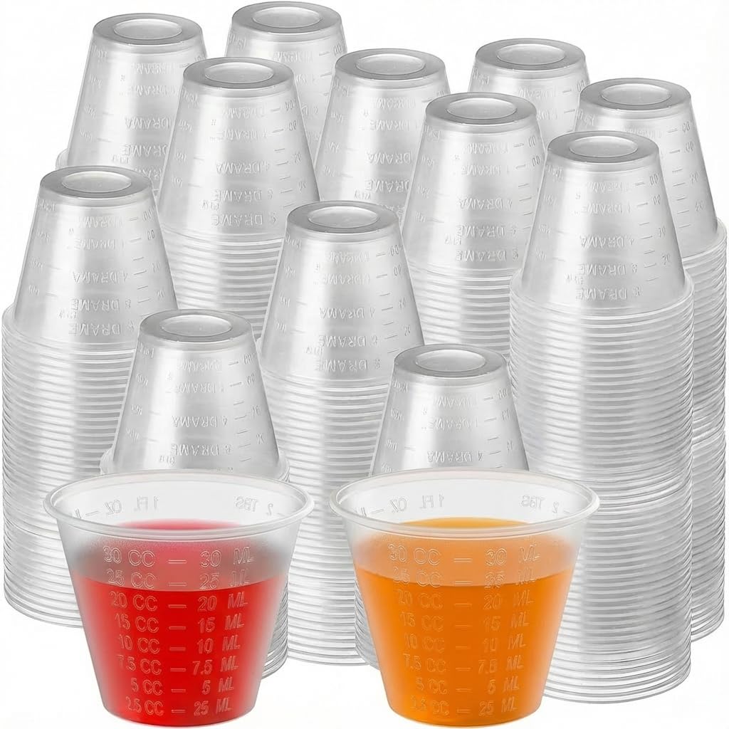 Disposable Medicine Cups Graduated, Bulk Pack of 100, 1 oz (30ml) Small Plastic Measuring Cup for Liquid Medication, Paint, epoxy, Pill and Resin.