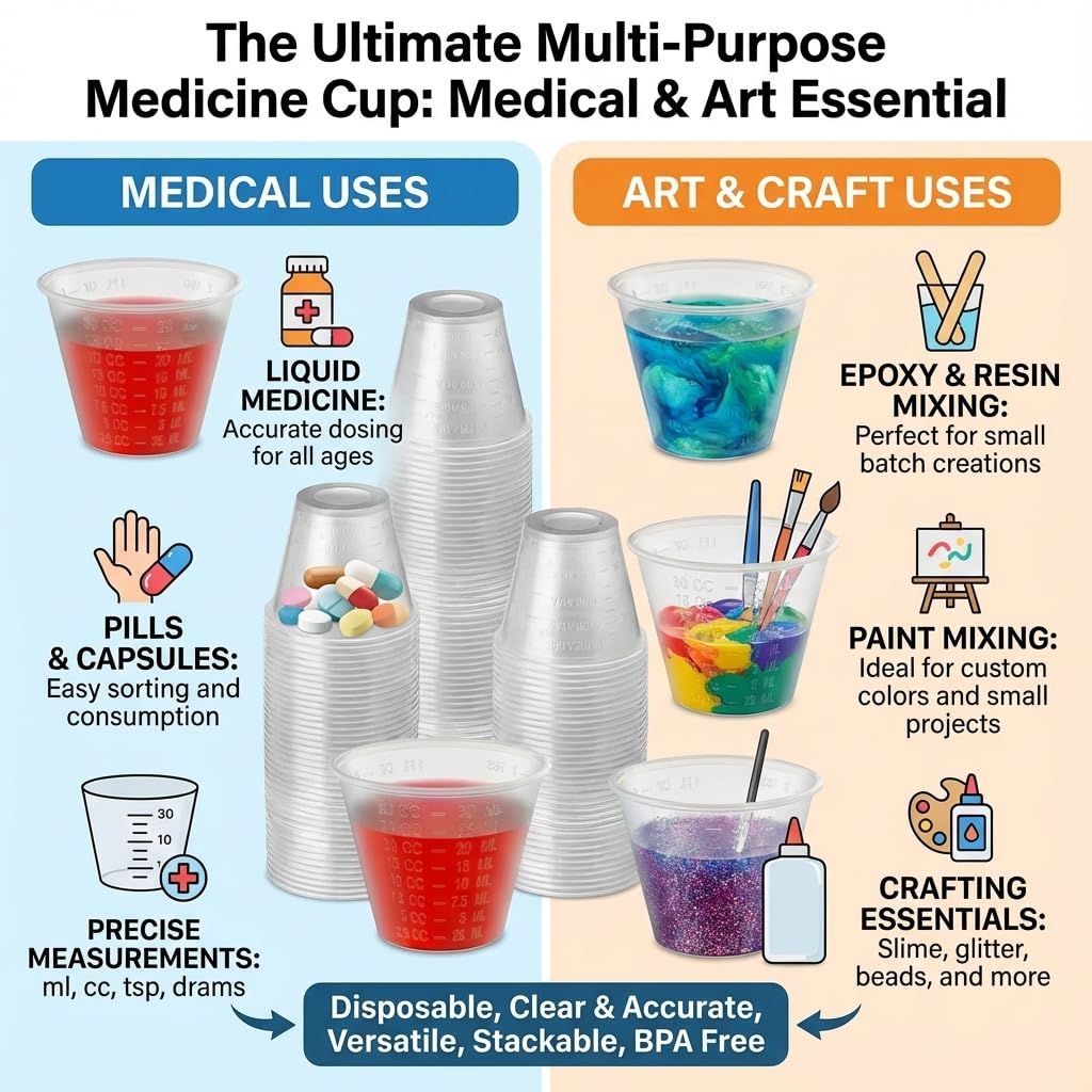 Disposable Medicine Cups Graduated, Bulk Pack of 100, 1 oz (30ml) Small Plastic Measuring Cup for Liquid Medication, Paint, epoxy, Pill and Resin.