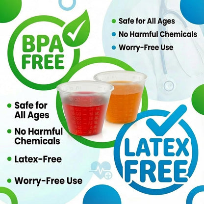 Disposable Medicine Cups Graduated, Bulk Pack of 100, 1 oz (30ml) Small Plastic Measuring Cup for Liquid Medication, Paint, epoxy, Pill and Resin.