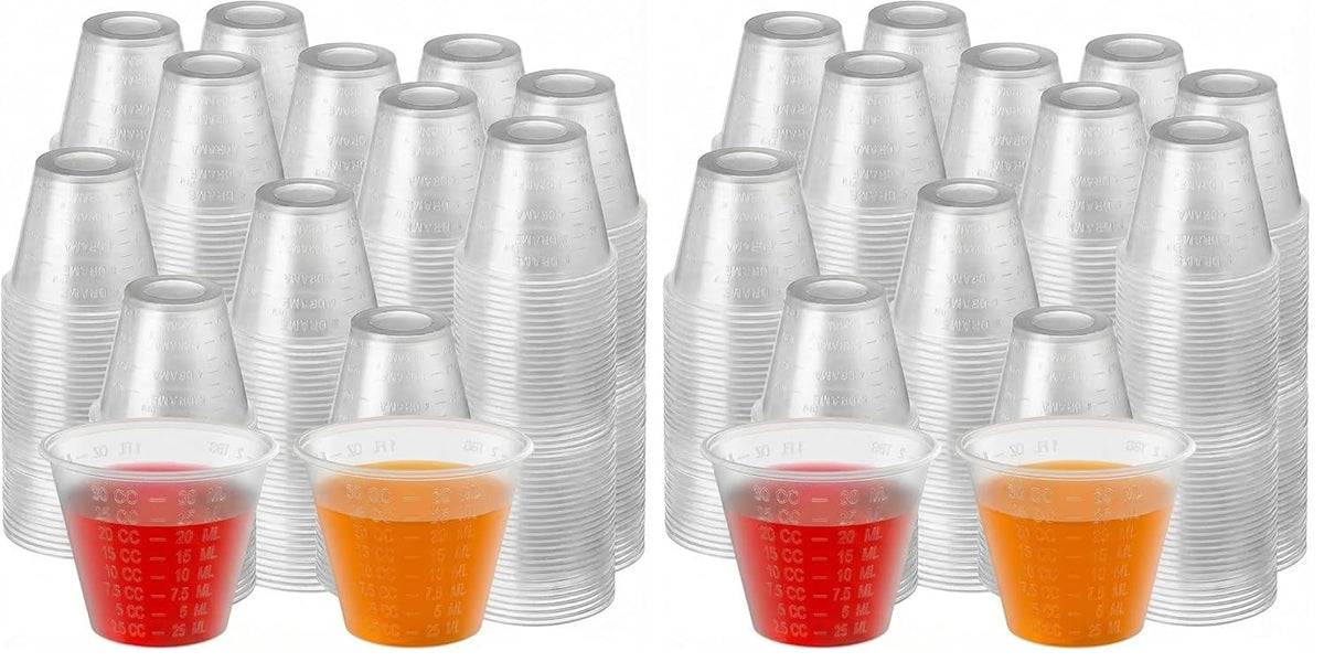 Disposable Medicine Cups Graduated, Bulk Pack of 100, 1 oz (30ml) Small Plastic Measuring Cup for Liquid Medication, Paint, epoxy, Pill and Resin.
