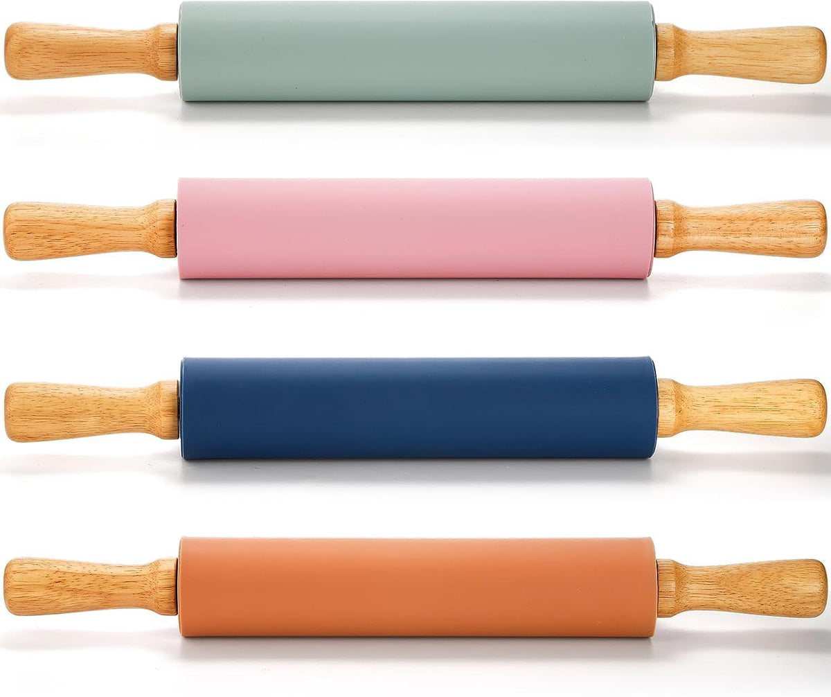4 Pack Silicone Rolling Pin for Baking, Non Stick Large 17 Inch Roller with Wood Handle for Tortillas Dough, Pizza, Pie, Pastries, Pasta, Cookies, Good Grips, Easy to Wash