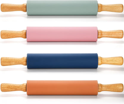 4 Pack Silicone Rolling Pin for Baking, Non Stick Large 17 Inch Roller with Wood Handle for Tortillas Dough, Pizza, Pie, Pastries, Pasta, Cookies, Good Grips, Easy to Wash