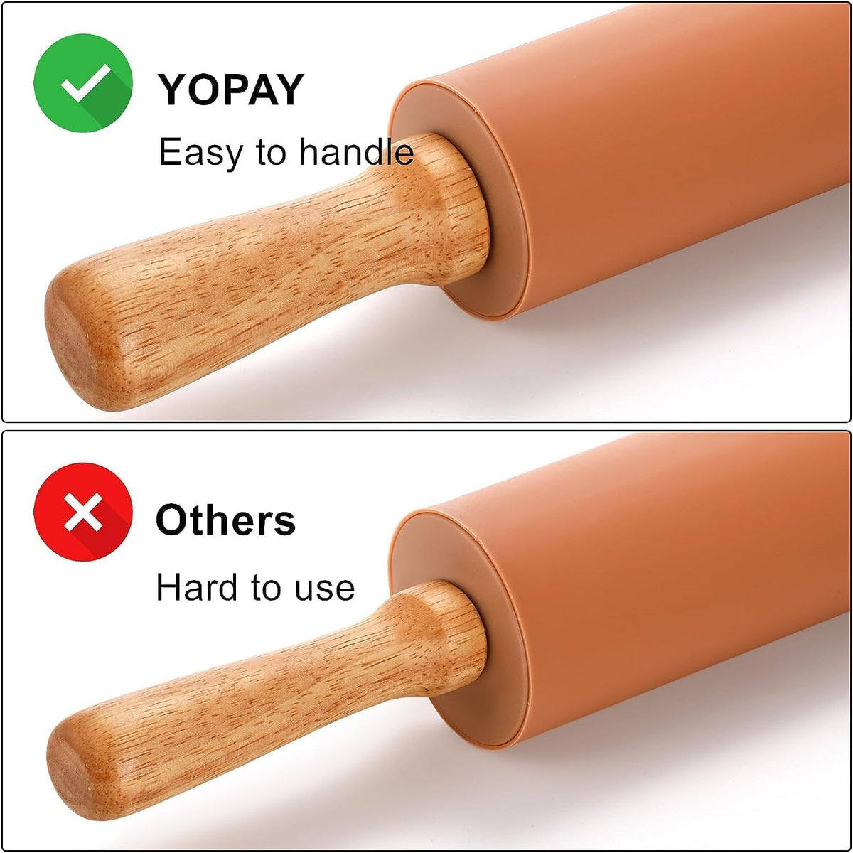 4 Pack Silicone Rolling Pin for Baking, Non Stick Large 17 Inch Roller with Wood Handle for Tortillas Dough, Pizza, Pie, Pastries, Pasta, Cookies, Good Grips, Easy to Wash
