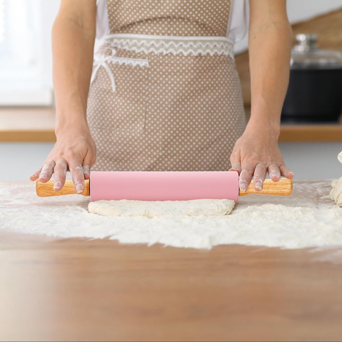 4 Pack Silicone Rolling Pin for Baking, Non Stick Large 17 Inch Roller with Wood Handle for Tortillas Dough, Pizza, Pie, Pastries, Pasta, Cookies, Good Grips, Easy to Wash