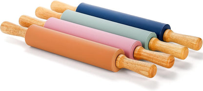 4 Pack Silicone Rolling Pin for Baking, Non Stick Large 17 Inch Roller with Wood Handle for Tortillas Dough, Pizza, Pie, Pastries, Pasta, Cookies, Good Grips, Easy to Wash