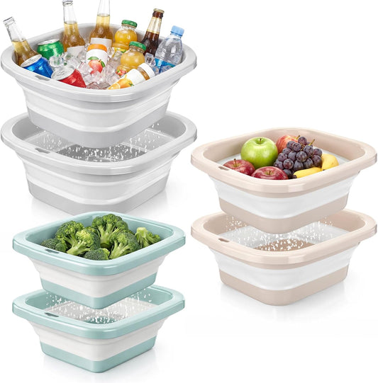 3 Set Collapsible Colander and Sink Basin 2-4-8 Qt Dish Pan and Strainer Set with Drain Holes 2-in-1 Foldable Fruit Vegetable Washing Basket for Kitchen Camping Travel (Green, Pink, Gray)
