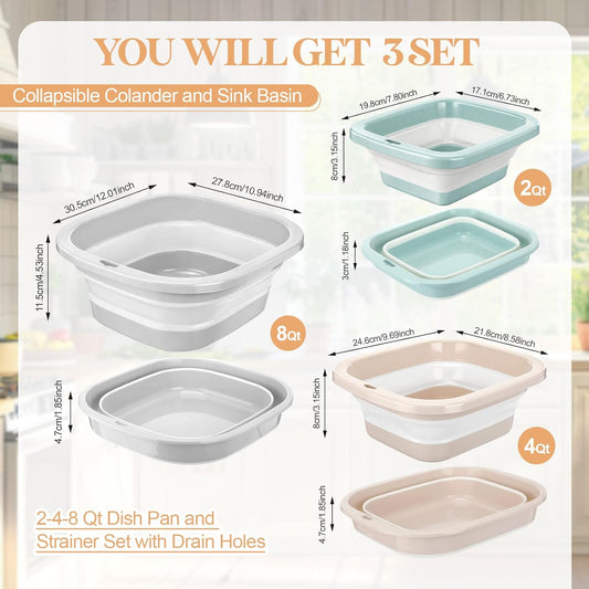 3 Set Collapsible Colander and Sink Basin 2-4-8 Qt Dish Pan and Strainer Set with Drain Holes 2-in-1 Foldable Fruit Vegetable Washing Basket for Kitchen Camping Travel (Green, Pink, Gray)
