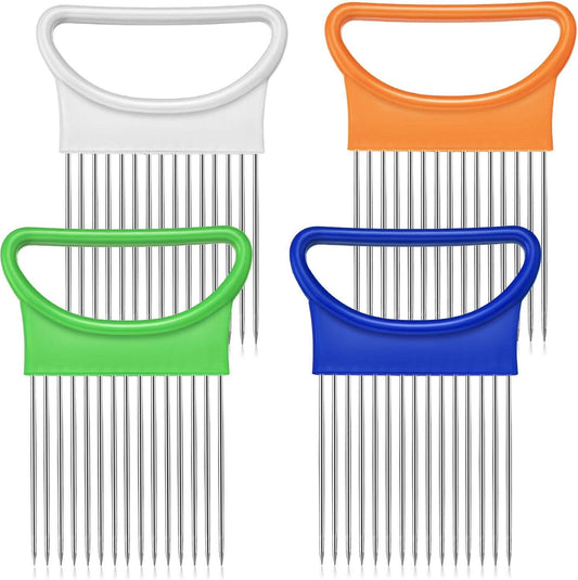 4 Pieces Onion Holder Slicer Stainless Steel Vegetable Tomato Holder Slicer Cutter for Kitchen Worker Safety Cooking Tools, 4 Colors