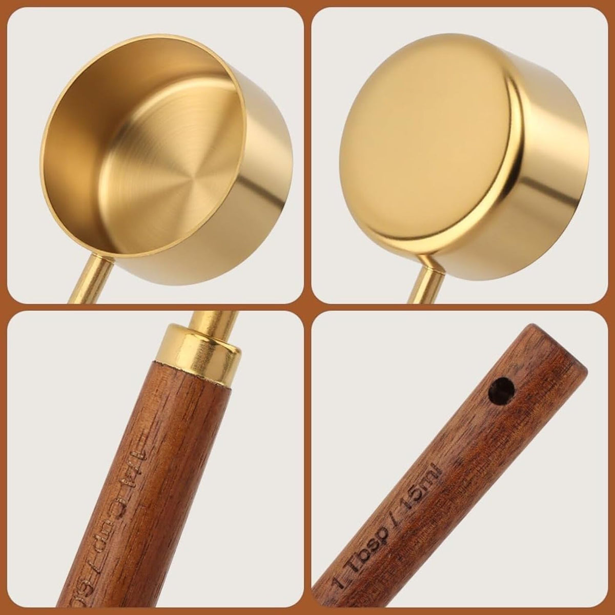 Gold Measuring Cups and Spoons Set Stainless Steel Wood Handle US Metric