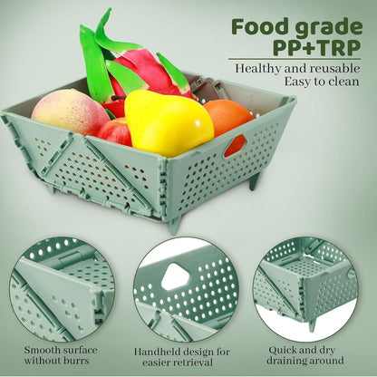 Plastic Collapsible Strainers and Colanders, Foldable Food Strainer for Kitchen, Space-Saving Folding Drain Basket Bowl for Pasta Fruit Vegetables Drainage Storage Dishwasher (Green)