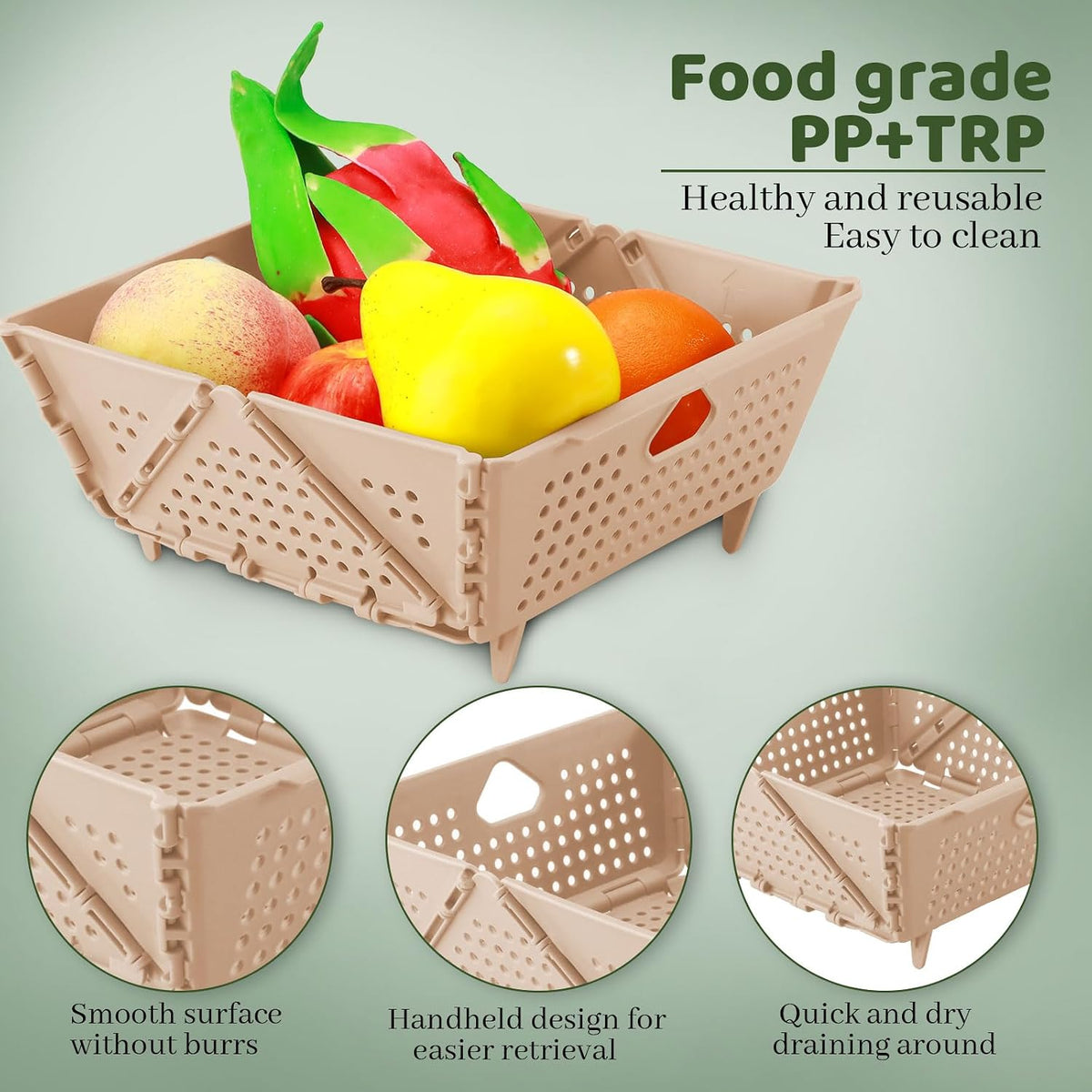 Plastic Collapsible Strainers and Colanders, Foldable Food Strainer for Kitchen, Space-Saving Folding Drain Basket Bowl for Pasta Fruit Vegetables Drainage Storage Dishwasher (Green)