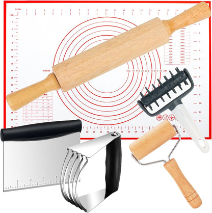 Wooden Rolling Pins for Baking, Small Dough Roller with Handle, Stainless Steel Pastry Blender Set with Pizza Dough Roller Docker, Pastry Cutter, Dough Cutter, Baking Mat, for Home Kitchen Cooking