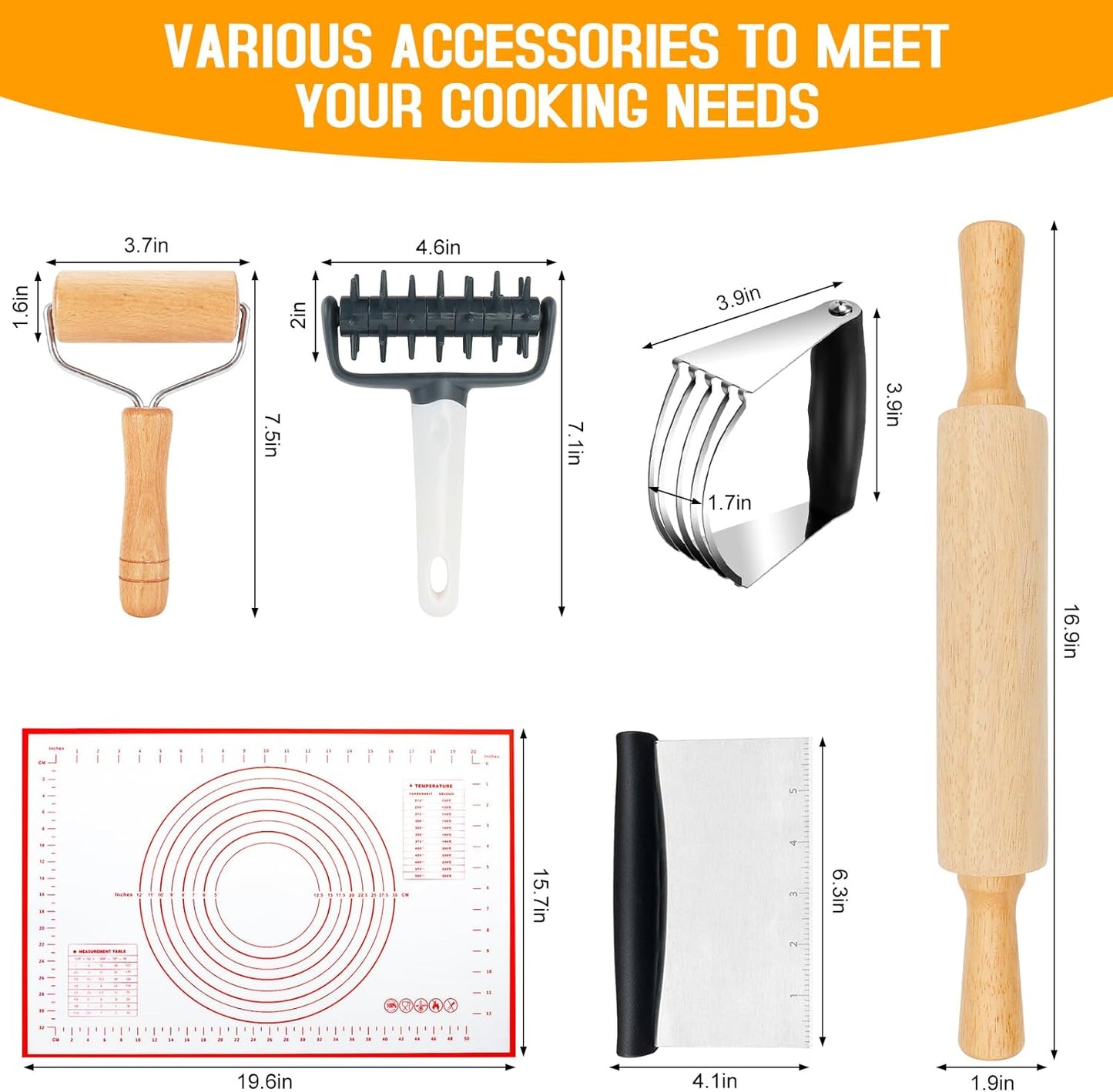 Wooden Rolling Pins for Baking, Small Dough Roller with Handle, Stainless Steel Pastry Blender Set with Pizza Dough Roller Docker, Pastry Cutter, Dough Cutter, Baking Mat, for Home Kitchen Cooking