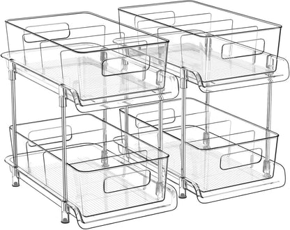 2-Tier Bathroom Organizer with Dividers, Clear Under Sink and Pull-Out Cabinet Organizer for Kitchen and Pantry Storage