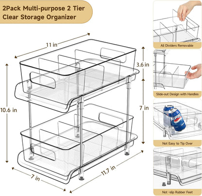 2-Tier Bathroom Organizer with Dividers, Clear Under Sink and Pull-Out Cabinet Organizer for Kitchen and Pantry Storage