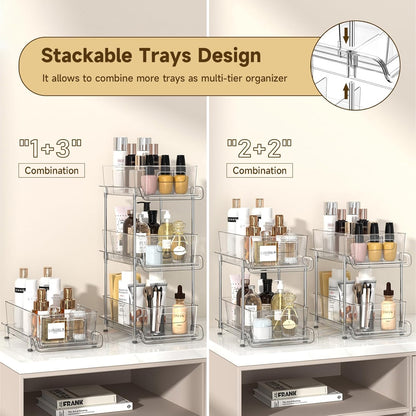 2-Tier Bathroom Organizer with Dividers, Clear Under Sink and Pull-Out Cabinet Organizer for Kitchen and Pantry Storage