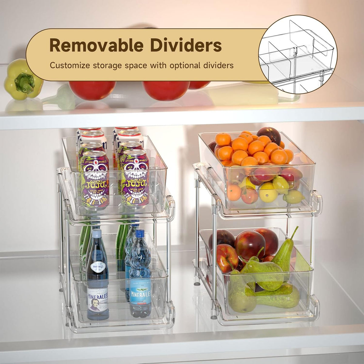 2-Tier Bathroom Organizer with Dividers, Clear Under Sink and Pull-Out Cabinet Organizer for Kitchen and Pantry Storage