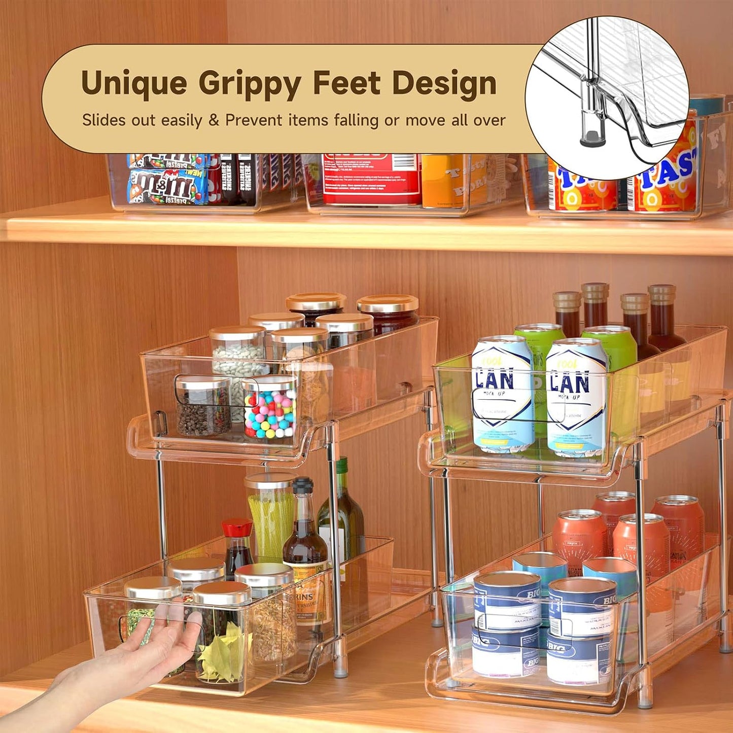 2-Tier Bathroom Organizer with Dividers, Clear Under Sink and Pull-Out Cabinet Organizer for Kitchen and Pantry Storage
