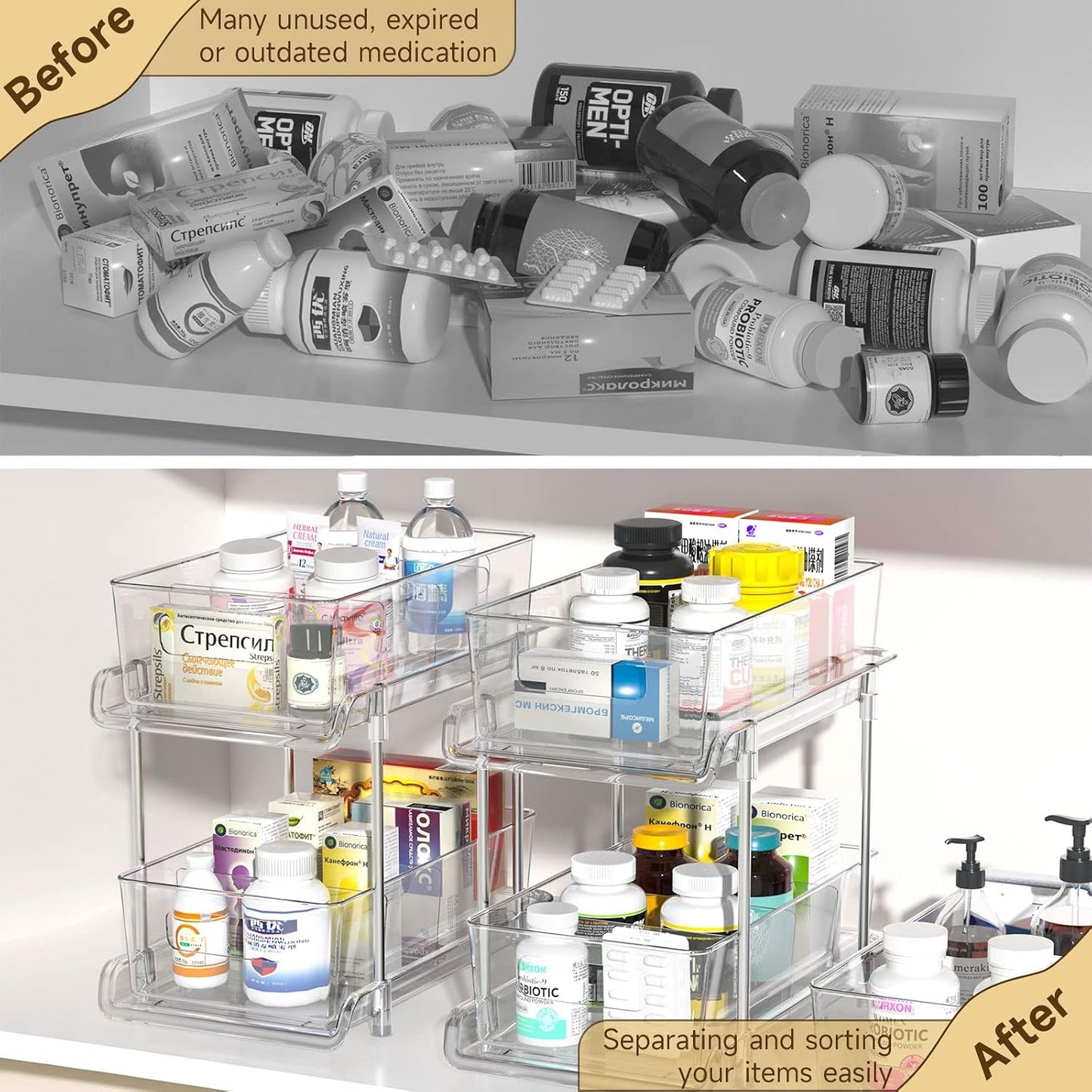 2-Tier Bathroom Organizer with Dividers, Clear Under Sink and Pull-Out Cabinet Organizer for Kitchen and Pantry Storage