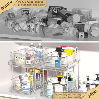 2-Tier Bathroom Organizer with Dividers, Clear Under Sink and Pull-Out Cabinet Organizer for Kitchen and Pantry Storage