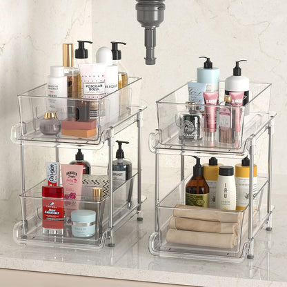 2-Tier Bathroom Organizer with Dividers, Clear Under Sink and Pull-Out Cabinet Organizer for Kitchen and Pantry Storage