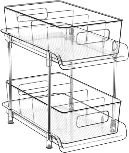2-Tier Bathroom Organizer with Dividers, Clear Under Sink and Pull-Out Cabinet Organizer for Kitchen and Pantry Storage