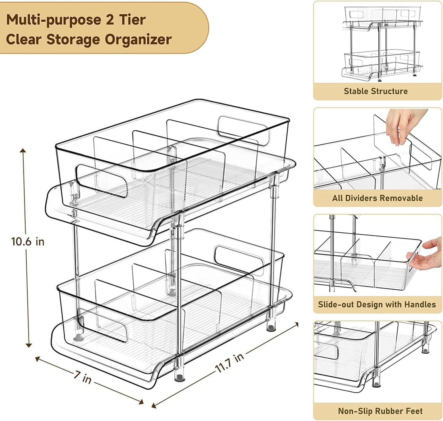 2-Tier Bathroom Organizer with Dividers, Clear Under Sink and Pull-Out Cabinet Organizer for Kitchen and Pantry Storage