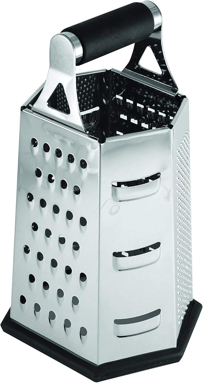 SG204BH, Stainless Steel 6-Sided Box Grater, 5.5" x 4.5" x 9.25", Versatile Tapered Design for Shredding Veggies, Grating Cheese, and More, Dishwasher Safe, Durable Construction