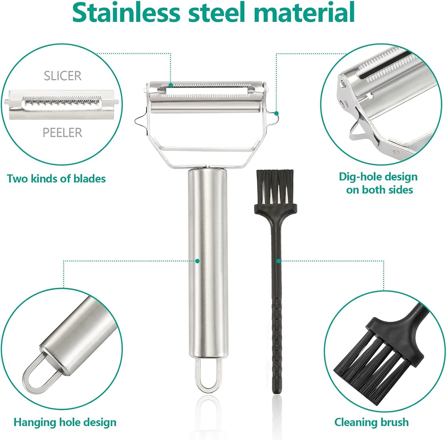 Stainless Steel Peeler Julienne Cutter Slicer for Carrot Potato Melon Vegetable and Fruit with Cleaning Brush
