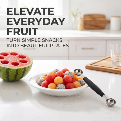 2-in-1 Stainless Steel Melon Baller - Double-Sided Fruit Scoop with Ergonomic Non-Slip Handle for Watermelon, Cantaloupe and Professional Kitchen Use