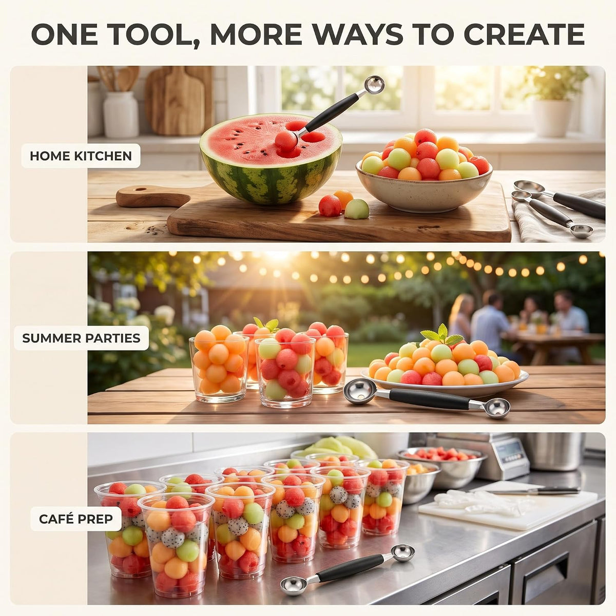 2-in-1 Stainless Steel Melon Baller - Double-Sided Fruit Scoop with Ergonomic Non-Slip Handle for Watermelon, Cantaloupe and Professional Kitchen Use