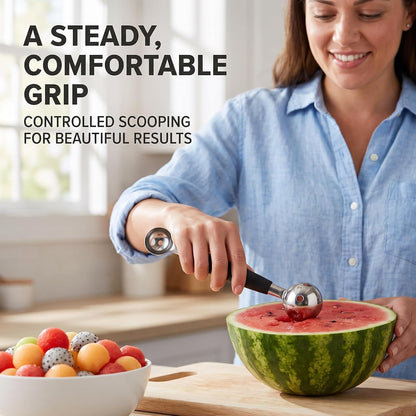 2-in-1 Stainless Steel Melon Baller - Double-Sided Fruit Scoop with Ergonomic Non-Slip Handle for Watermelon, Cantaloupe and Professional Kitchen Use