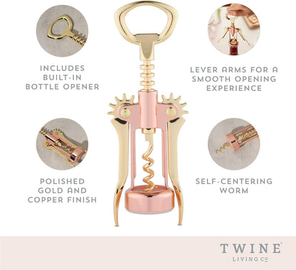 Winged Corkscrew Wine Opener, Versatile Bottle Opener for Beer and Soft Drinks, Stainless Steel with Ergonomic Handle and Sharp Screw for Bartenders, Home Bar, Kitchen, Set of 1, Copper and Gold