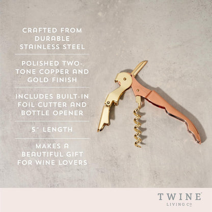 Winged Corkscrew Wine Opener, Versatile Bottle Opener for Beer and Soft Drinks, Stainless Steel with Ergonomic Handle and Sharp Screw for Bartenders, Home Bar, Kitchen, Set of 1, Copper and Gold