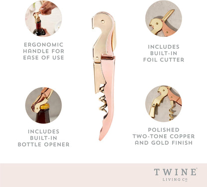 Winged Corkscrew Wine Opener, Versatile Bottle Opener for Beer and Soft Drinks, Stainless Steel with Ergonomic Handle and Sharp Screw for Bartenders, Home Bar, Kitchen, Set of 1, Copper and Gold