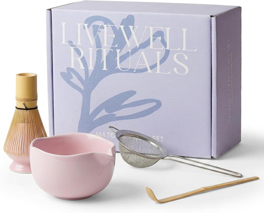 Matcha Kit, Ceramic Bowl and Whisk Set, Pink, 5 Pc | 13.5 oz Lead-Free Ceramic Bowl with Spout, Bamboo Chasen and Chashaku, Steel Sifter, Whisk Holder, Hand Wash, Gift Boxed