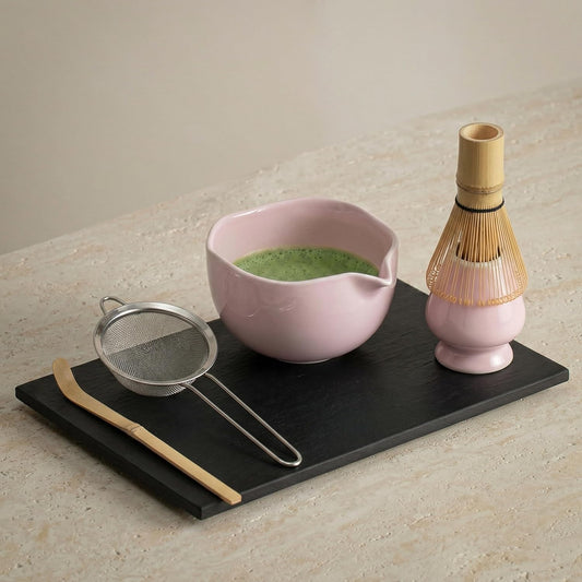 Matcha Kit, Ceramic Bowl and Whisk Set, Pink, 5 Pc | 13.5 oz Lead-Free Ceramic Bowl with Spout, Bamboo Chasen and Chashaku, Steel Sifter, Whisk Holder, Hand Wash, Gift Boxed