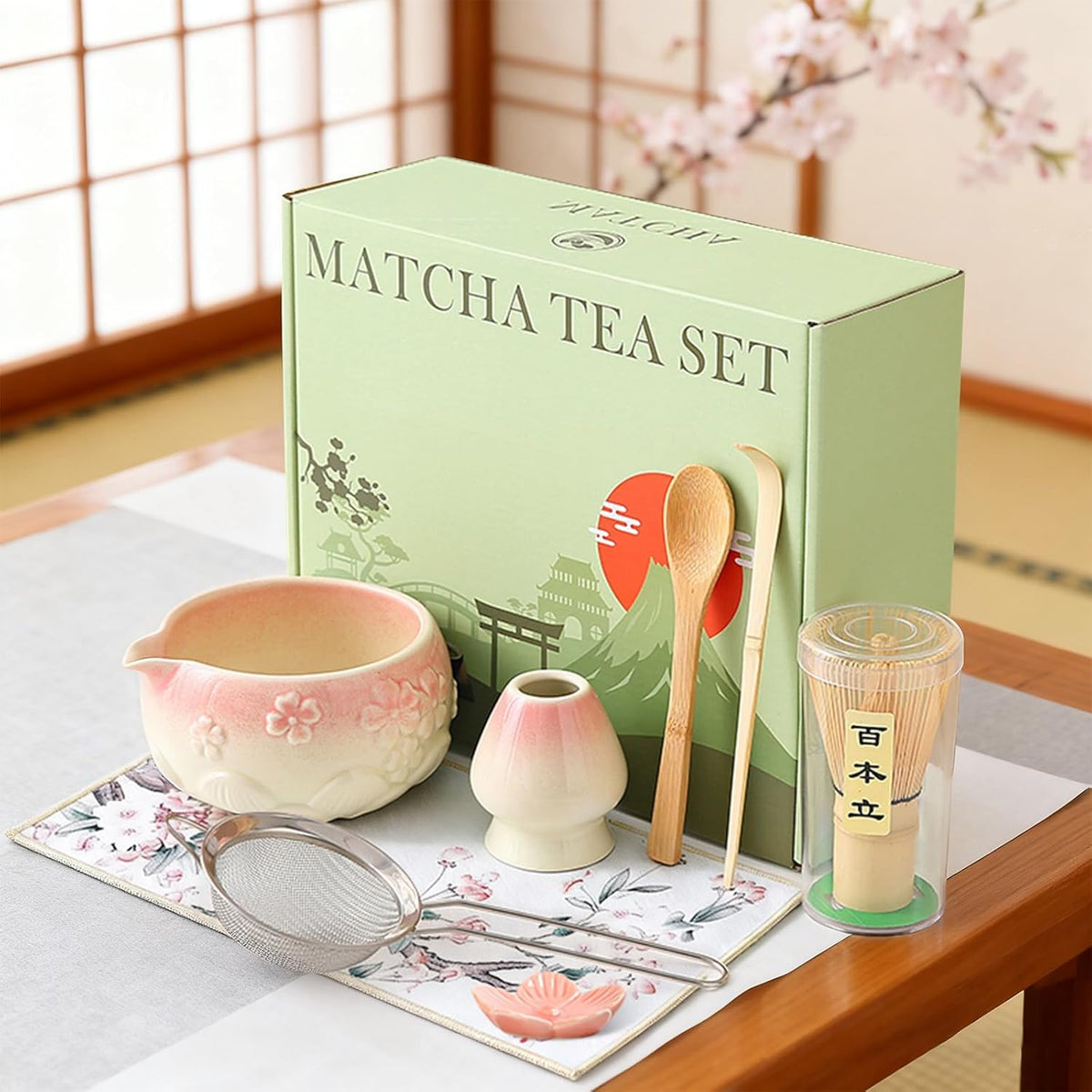 Matcha Whisk Set, Matcha Kit Set With Pink Cherry Blossom Embossed Pattern Includes 18 OZ Bowl, Bamboo Whisk, Ceramic Holder, Bamboo Scoop x2, Scoop Rest, Stainless Sifter and Tea Towel