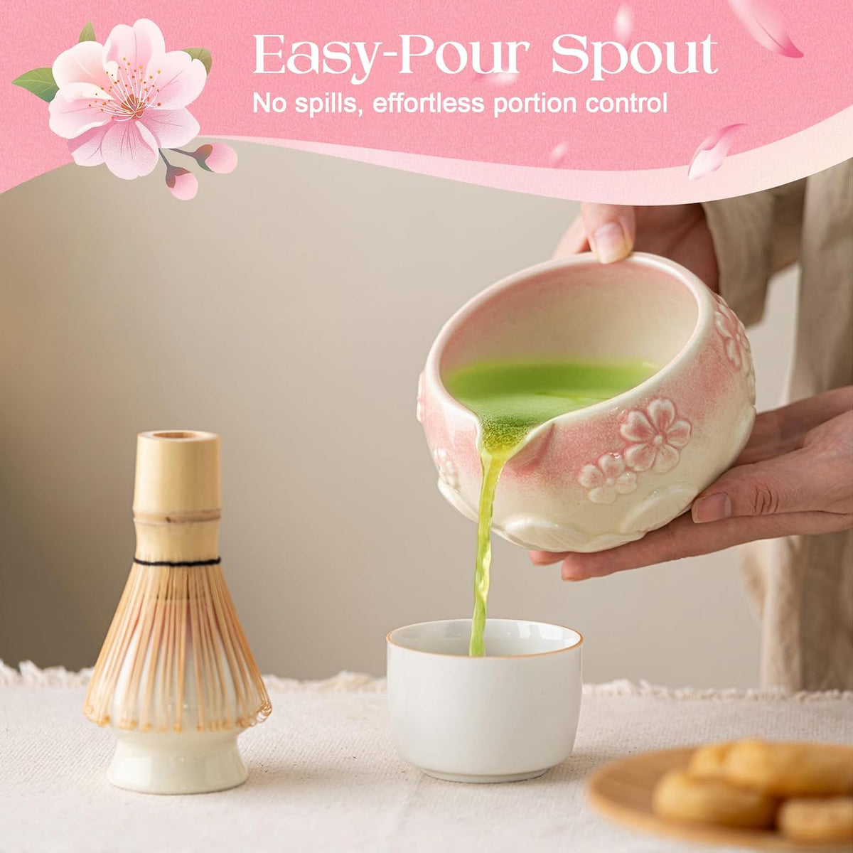 Matcha Whisk Set, Matcha Kit Set With Pink Cherry Blossom Embossed Pattern Includes 18 OZ Bowl, Bamboo Whisk, Ceramic Holder, Bamboo Scoop x2, Scoop Rest, Stainless Sifter and Tea Towel