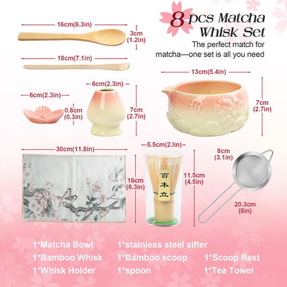 Matcha Whisk Set, Matcha Kit Set With Pink Cherry Blossom Embossed Pattern Includes 18 OZ Bowl, Bamboo Whisk, Ceramic Holder, Bamboo Scoop x2, Scoop Rest, Stainless Sifter and Tea Towel