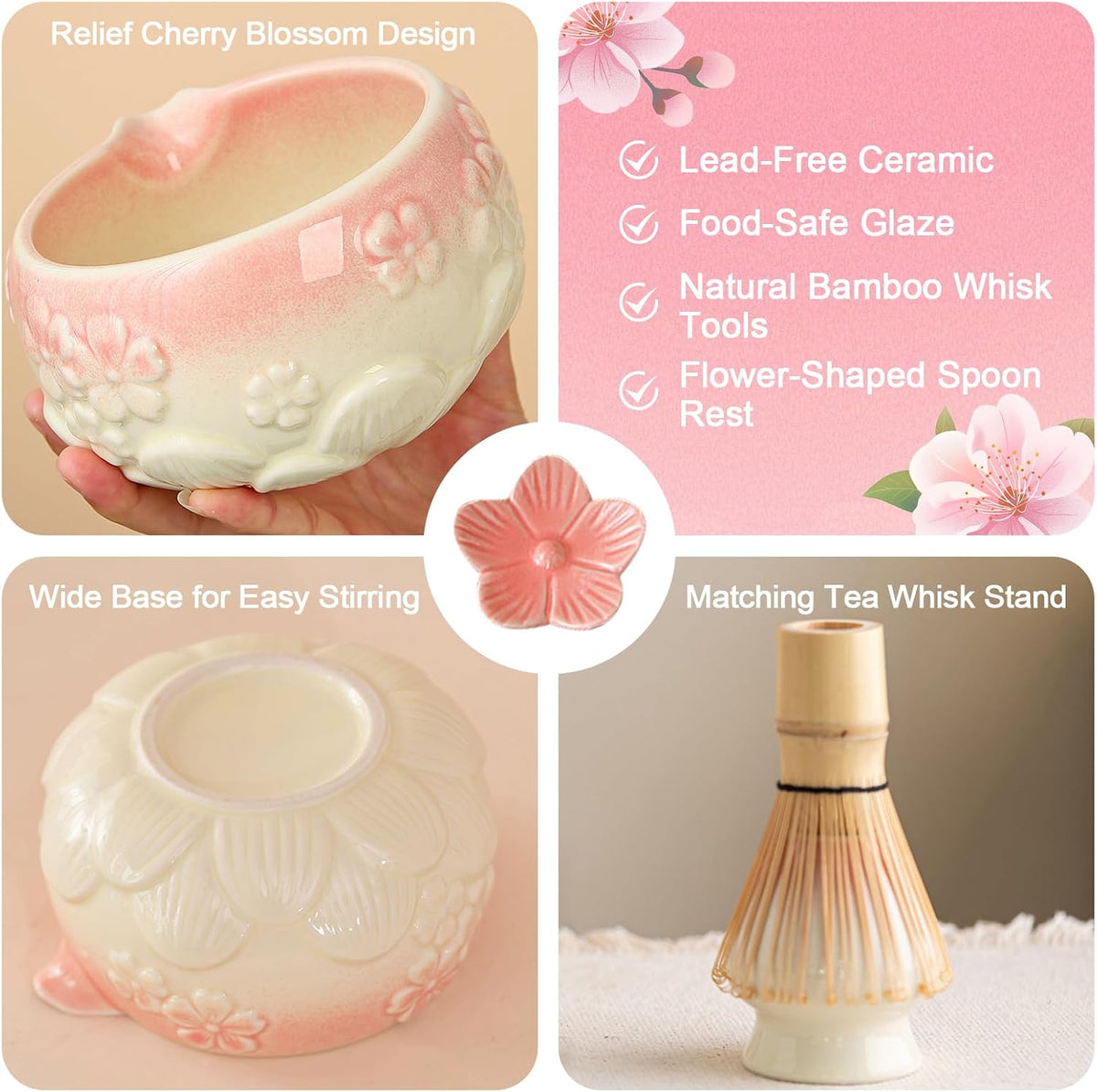 Matcha Whisk Set, Matcha Kit Set With Pink Cherry Blossom Embossed Pattern Includes 18 OZ Bowl, Bamboo Whisk, Ceramic Holder, Bamboo Scoop x2, Scoop Rest, Stainless Sifter and Tea Towel