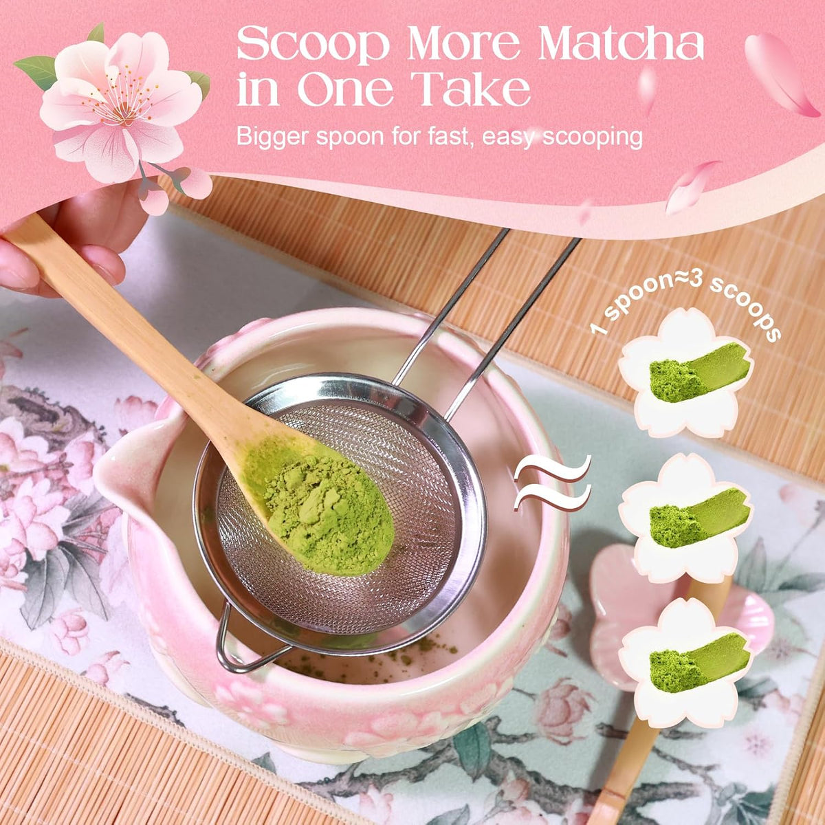 Matcha Whisk Set, Matcha Kit Set With Pink Cherry Blossom Embossed Pattern Includes 18 OZ Bowl, Bamboo Whisk, Ceramic Holder, Bamboo Scoop x2, Scoop Rest, Stainless Sifter and Tea Towel