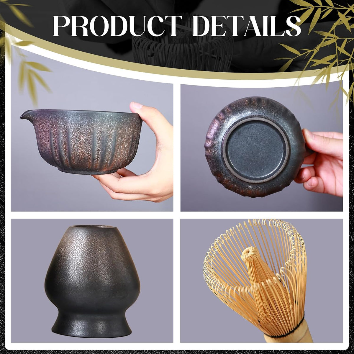 Matcha Whisk Set, Matcha Kit Set With Pink Cherry Blossom Embossed Pattern Includes 18 OZ Bowl, Bamboo Whisk, Ceramic Holder, Bamboo Scoop x2, Scoop Rest, Stainless Sifter and Tea Towel