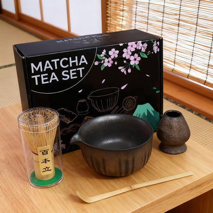 Matcha Whisk Set, Matcha Kit Set With Pink Cherry Blossom Embossed Pattern Includes 18 OZ Bowl, Bamboo Whisk, Ceramic Holder, Bamboo Scoop x2, Scoop Rest, Stainless Sifter and Tea Towel