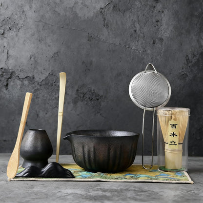 Matcha Whisk Set, Matcha Kit Set With Pink Cherry Blossom Embossed Pattern Includes 18 OZ Bowl, Bamboo Whisk, Ceramic Holder, Bamboo Scoop x2, Scoop Rest, Stainless Sifter and Tea Towel