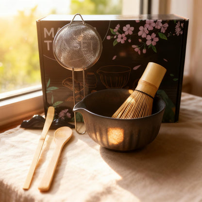 Matcha Whisk Set, Matcha Kit Set With Pink Cherry Blossom Embossed Pattern Includes 18 OZ Bowl, Bamboo Whisk, Ceramic Holder, Bamboo Scoop x2, Scoop Rest, Stainless Sifter and Tea Towel