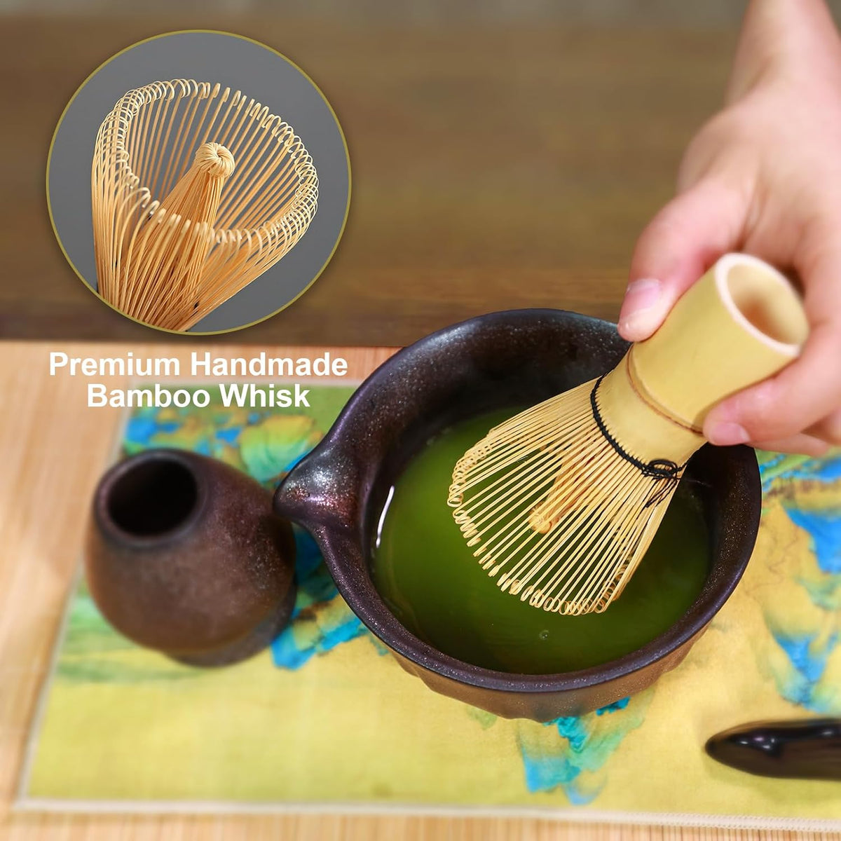 Matcha Whisk Set, Matcha Kit Set With Pink Cherry Blossom Embossed Pattern Includes 18 OZ Bowl, Bamboo Whisk, Ceramic Holder, Bamboo Scoop x2, Scoop Rest, Stainless Sifter and Tea Towel
