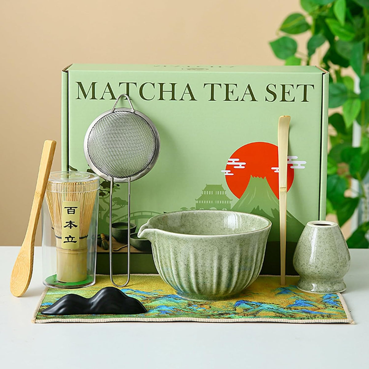 Matcha Whisk Set, Matcha Kit Set With Pink Cherry Blossom Embossed Pattern Includes 18 OZ Bowl, Bamboo Whisk, Ceramic Holder, Bamboo Scoop x2, Scoop Rest, Stainless Sifter and Tea Towel